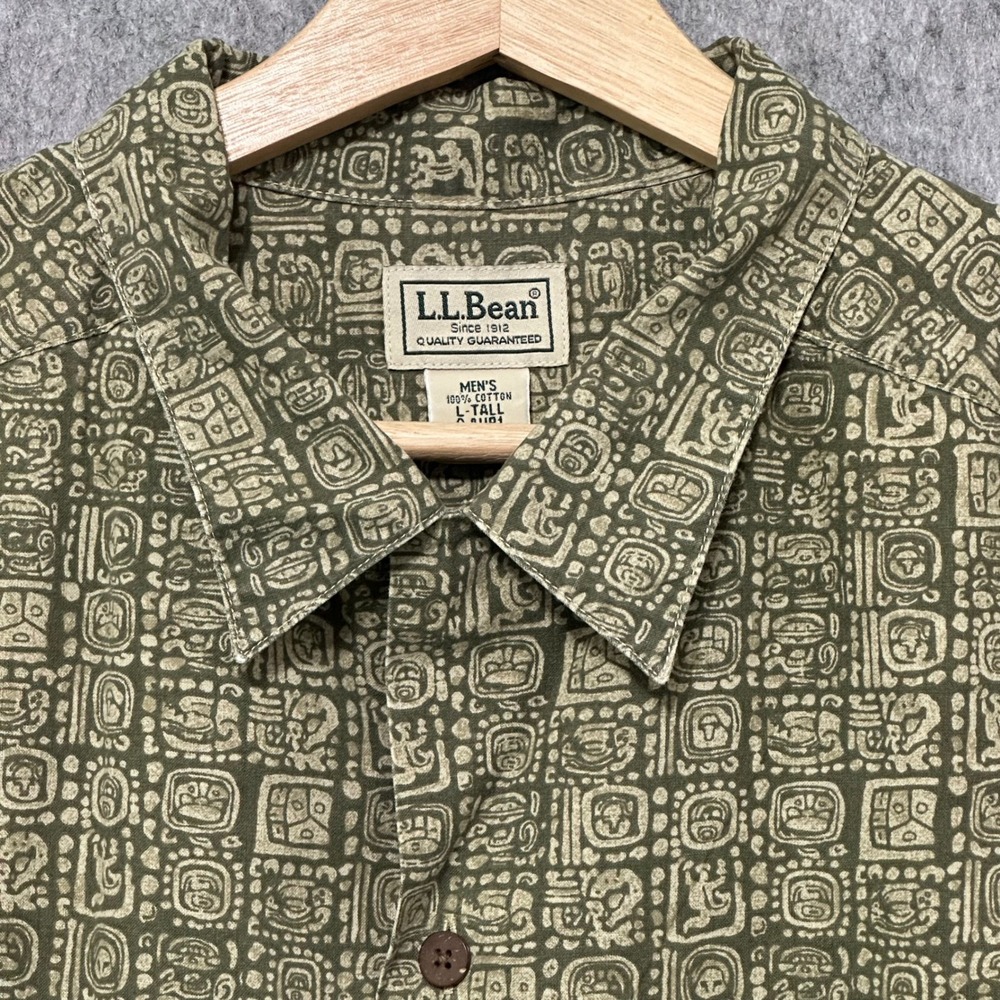Vintage LLBean Mens L Tall Short Sleeve Button‎ Up Shirt Green Geometric Print